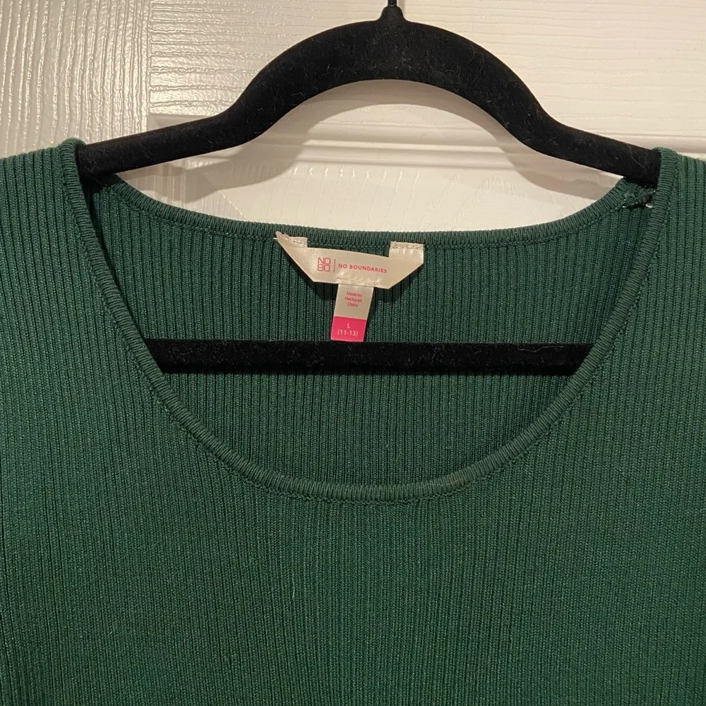 No Boundaries Green Ribbed Knit Sheer Puff Ruffle Embroidered Sleeve Size L - Image 2