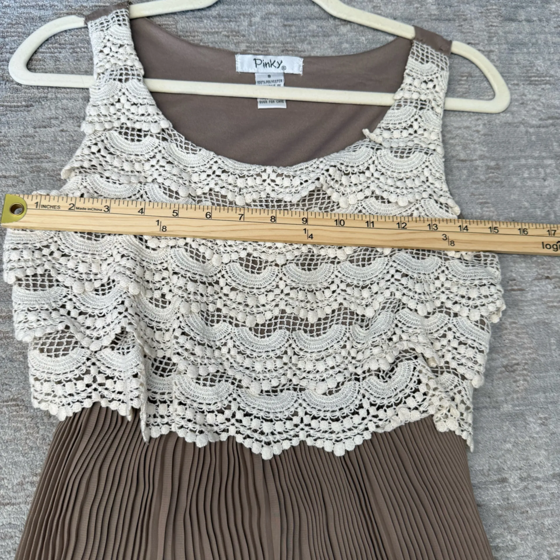 Pinky Cream And Beige Pleated Crochet Layer Midi Knee Length Dress Tan Size 8 - Image 5