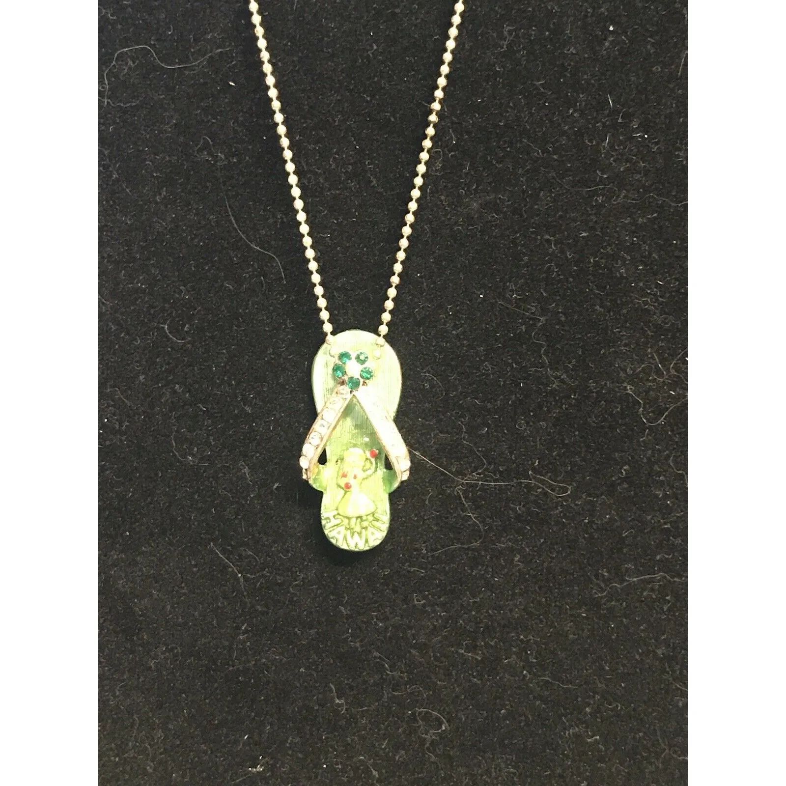 Vintage Hawaii Souvenir Green Flip Flop Pendant Necklace MC Stamp Rhinestone - Image 3