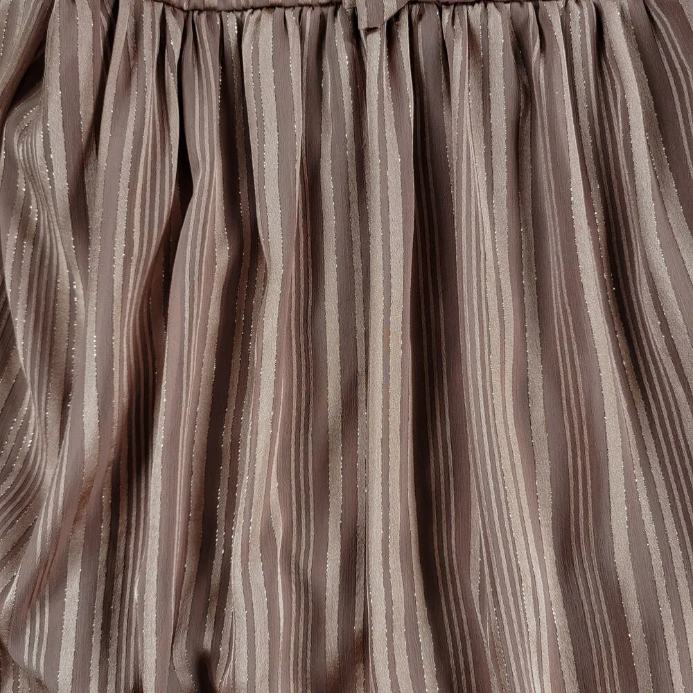 Shein Maxi Dress M Pink Sparkle Stripes Tie Neck Long Puff Sleeve Shirred Waist - Image 12