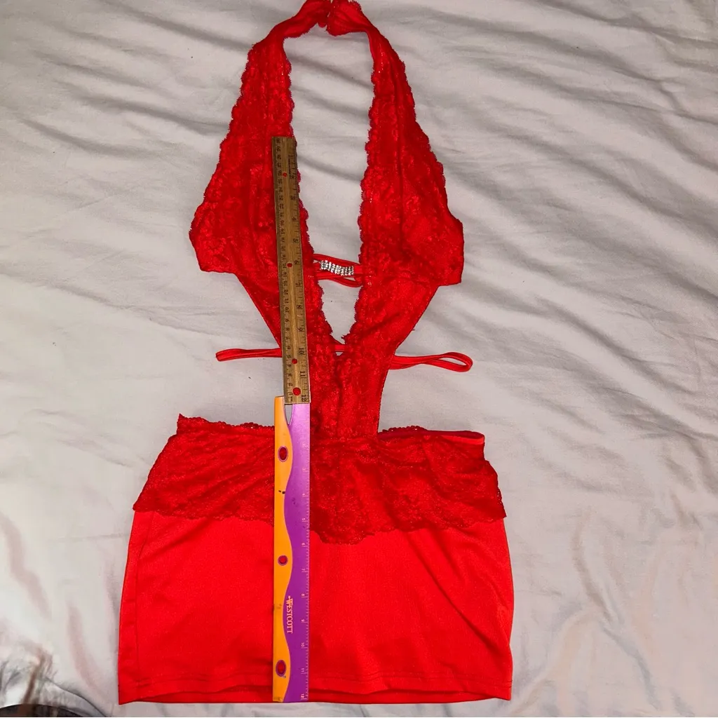 Shein XS Skort Dress, Mini Bodycon Red Lace Dress, Deep V, Open Back, Rhinestone - Image 5