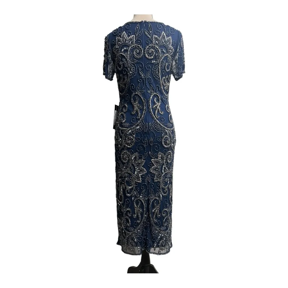 Pisarro Nights Blue Midi with Embellish Beaded Illusion Neck Dress Size 8 - Image 2