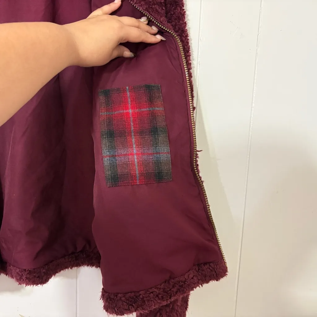 Pendleton Burgundy Fuzzy Sherpa Zip Jacket Plaid Pocket Cozy Fleece Size M - Image 8
