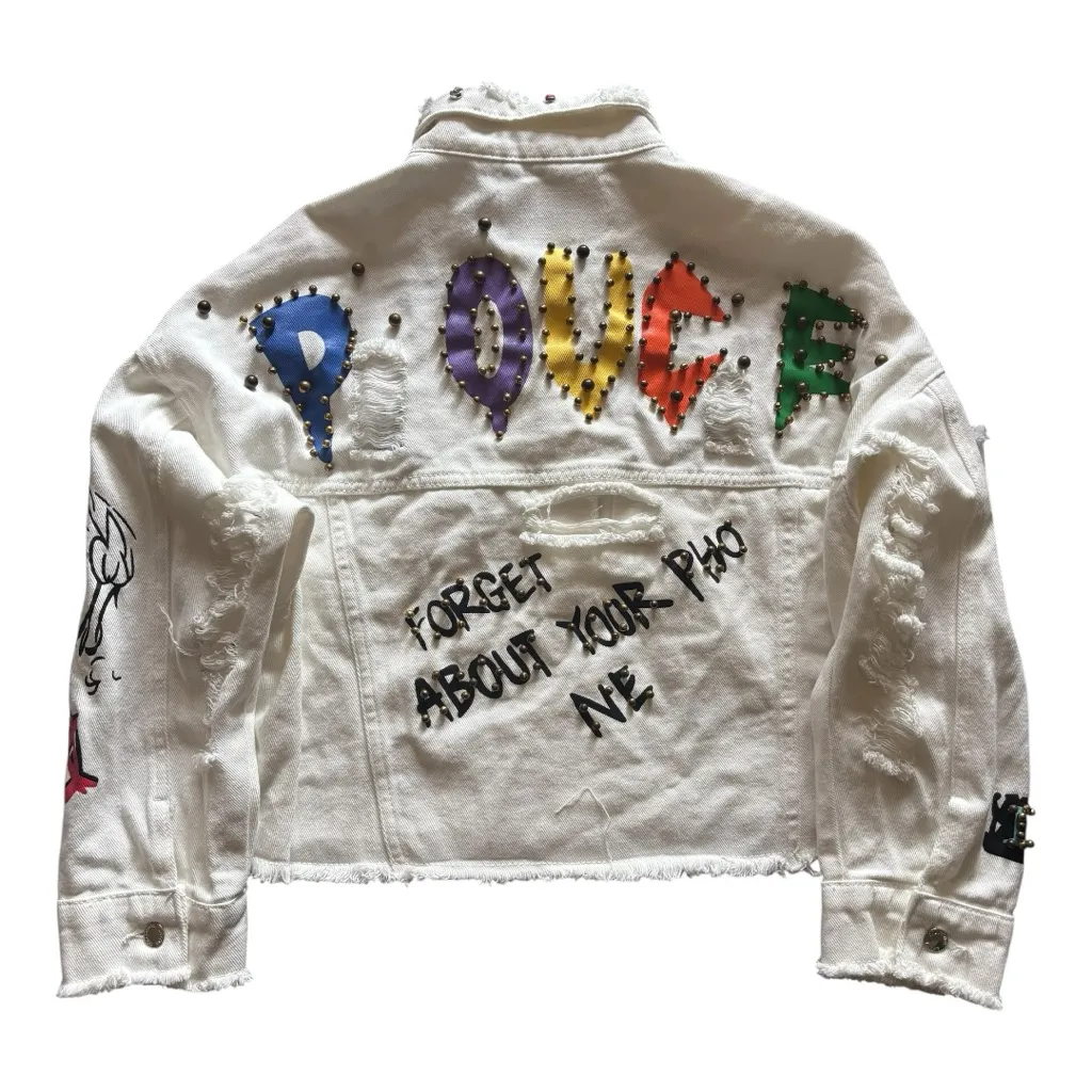 Lisette collection White Denim Jacket with Graphic Patches - Image 3