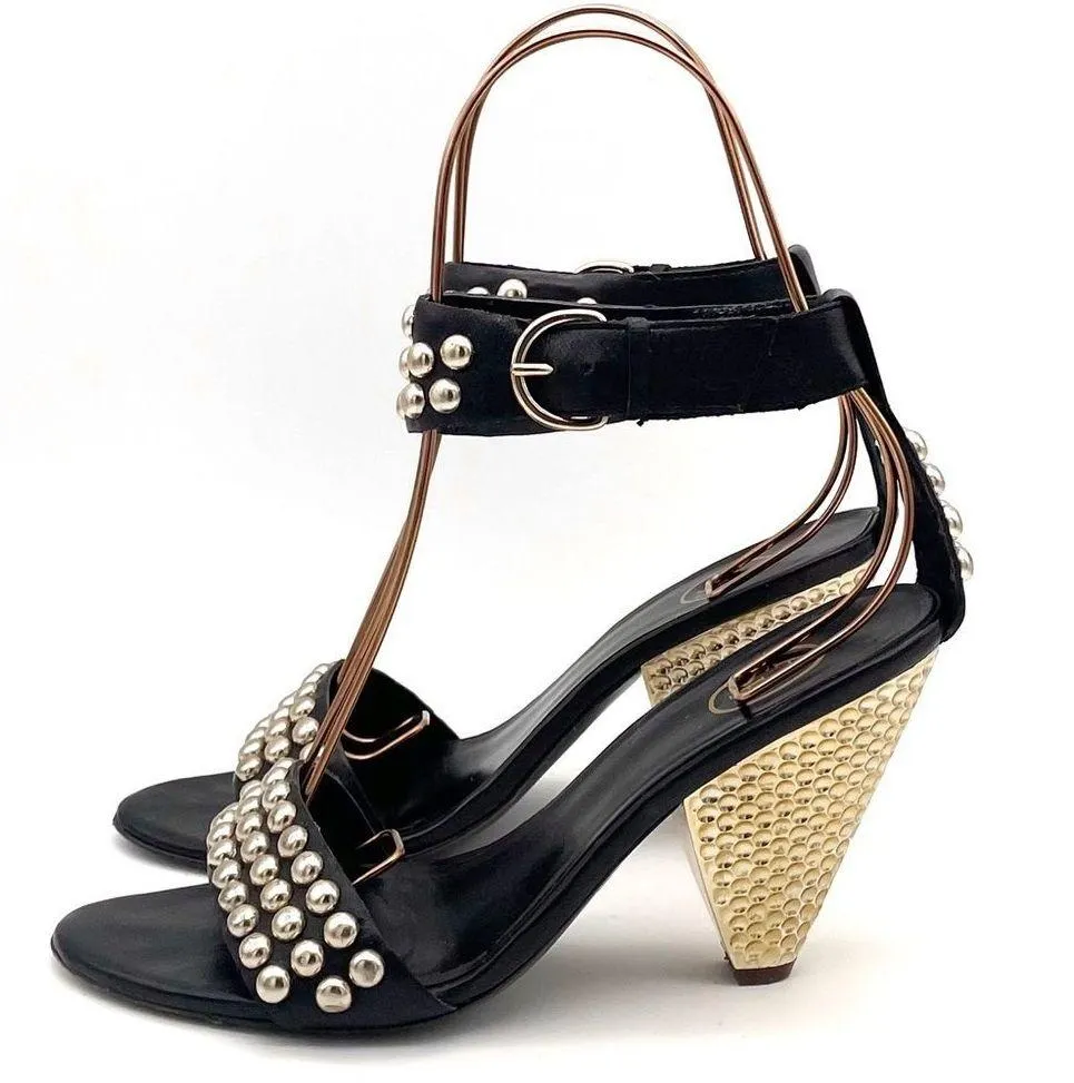 ASH Gold Studded Black Leather Ankle Cuff Heeled Strappy Sandals Size 38 | US 7 - Image 4