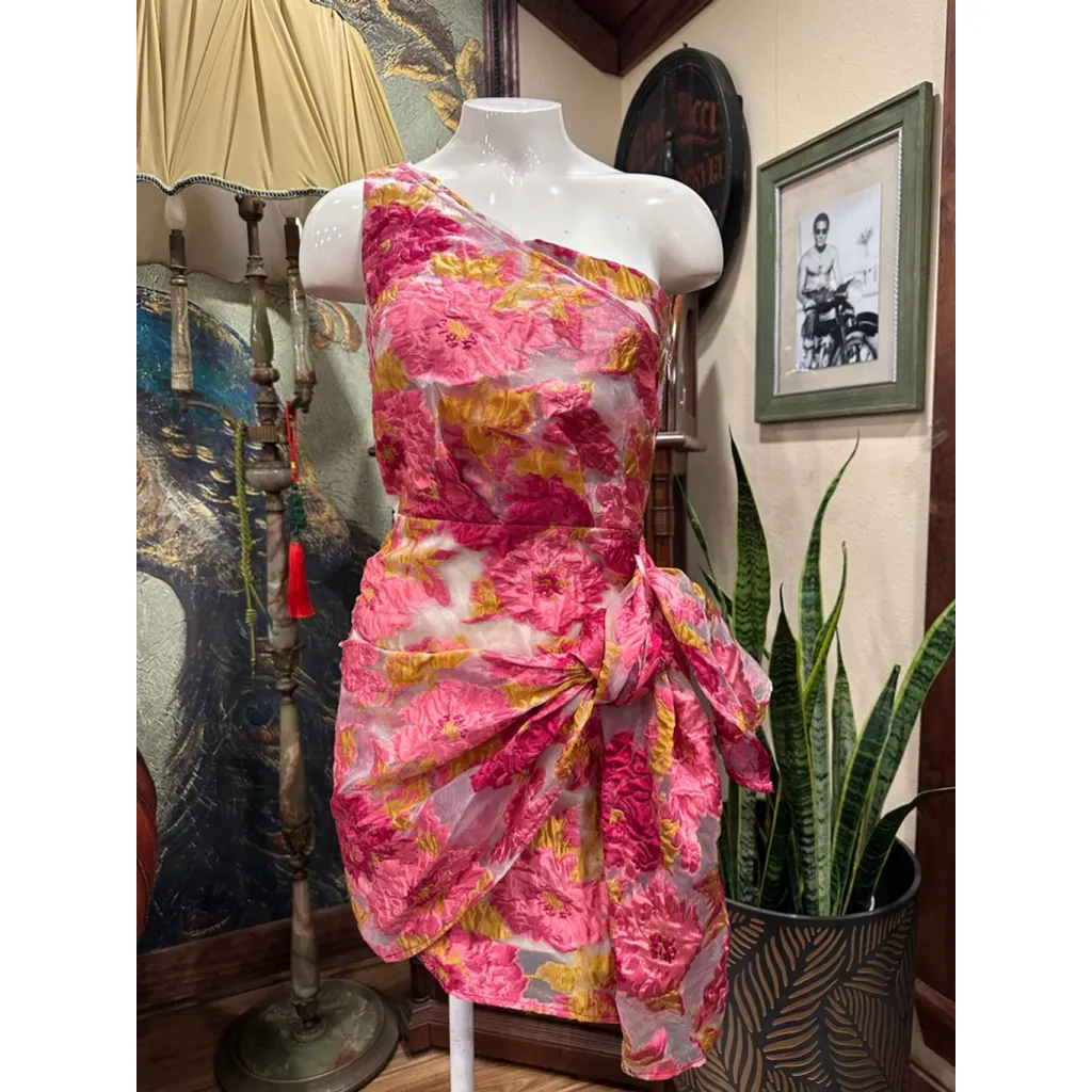 Women's Showpo One Shoulder Dress, Size 0, Pink & Gold Floral - Image 3