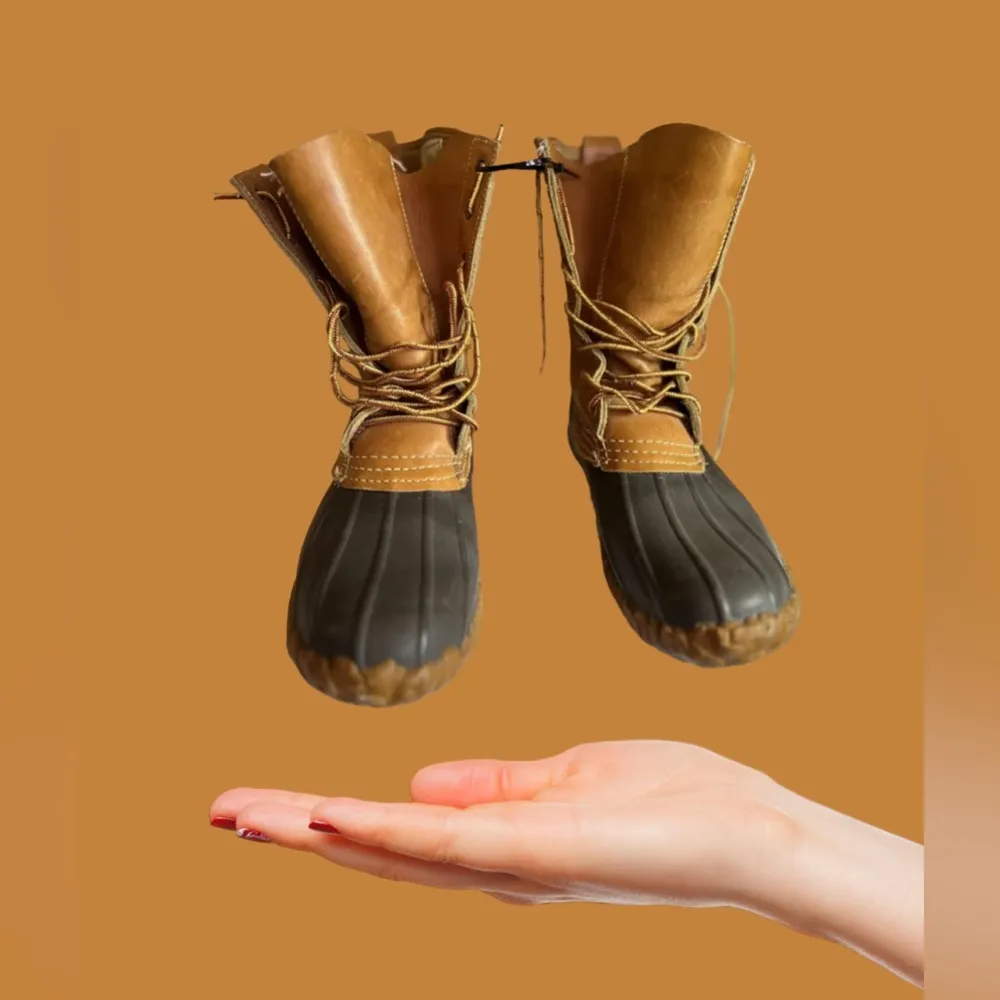 LL Bean 8" Tan Leather Blue 212880 Unlined USA Made Duck Boots US unixes size L8 - Image 2