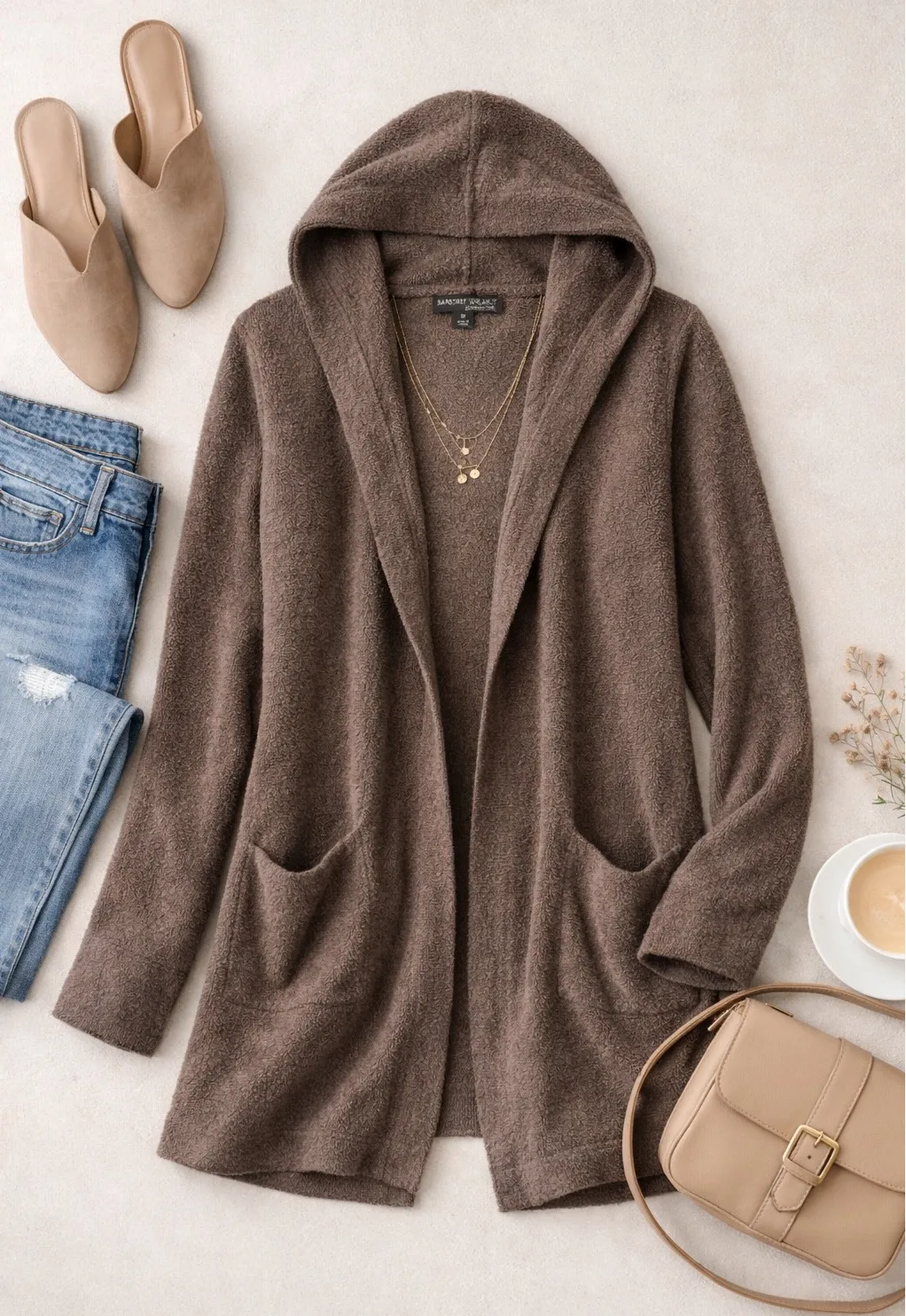 Barefoot Dreams CozyChic Lite Cardigan Medium Taupe Open Front Hooded - Image 1