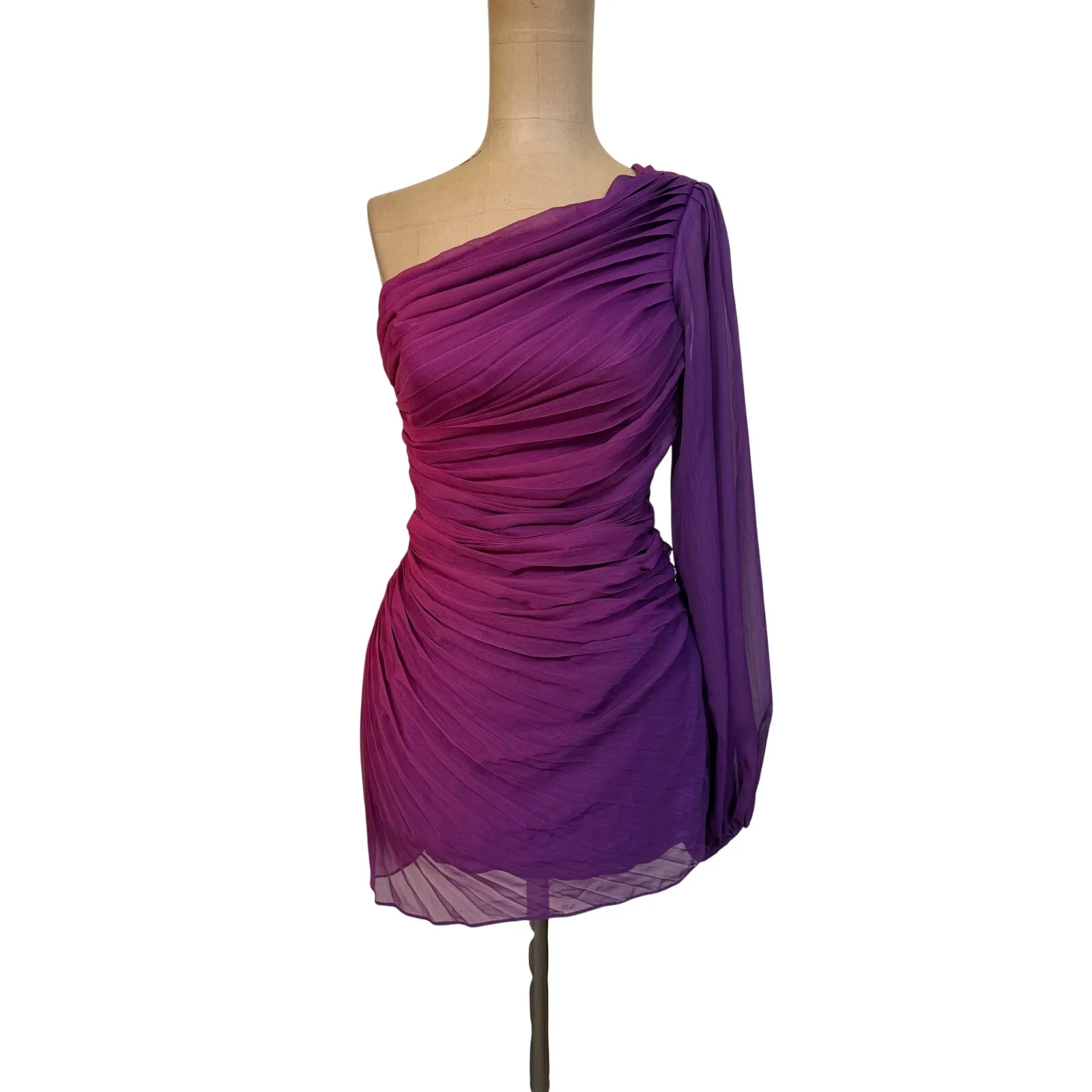 Rococo Sand Mini Dress One Shoulder Ruched Body Pink and Purple New Size XS - Image 4