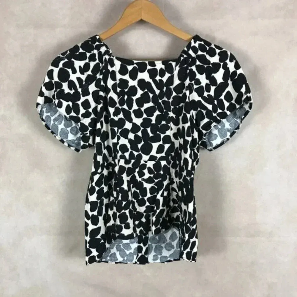 H&M Puff-Sleeve Linen Blend Printed Top Size 8 (Medium) - Image 5