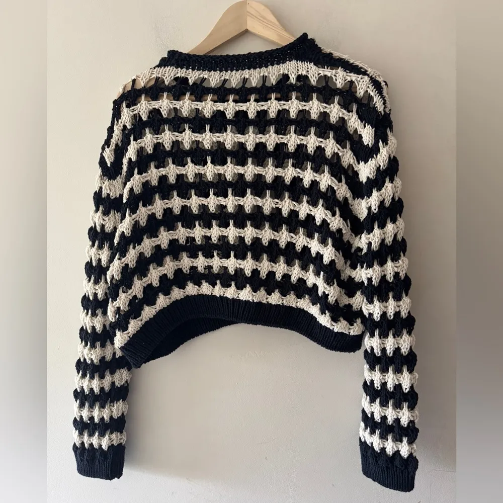 Zara Dark Blue And White Striped Open Chunky Knit Cropped Sweater With Pockets - Image 6