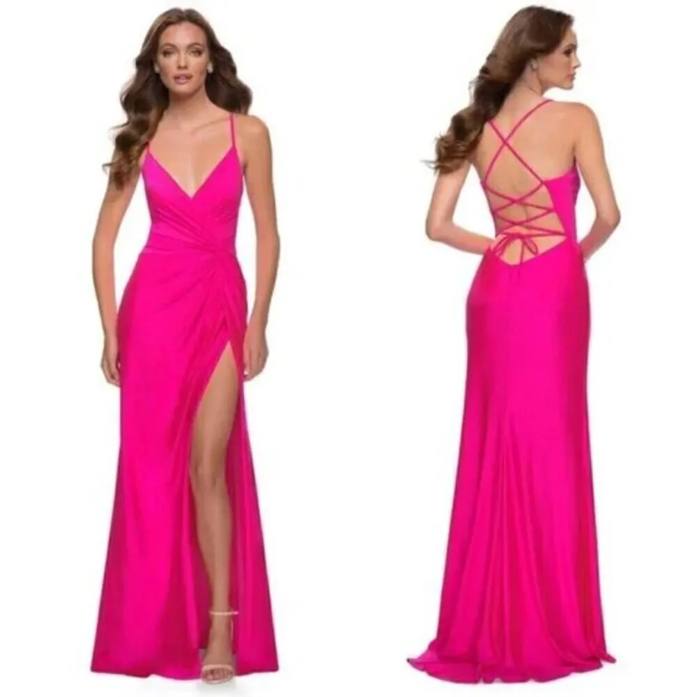LA FEMME Strappy Back Jersey Gown in Hot Pink Size US 2 - Image 2