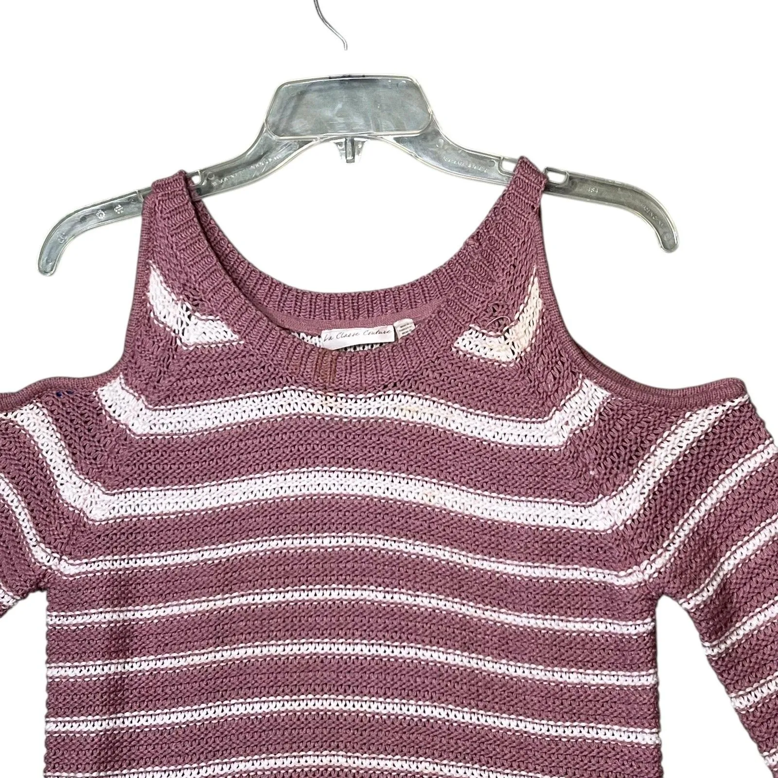 La Classe Couture Sweater Womens XS Pink White Striped Cold Shoulder Knit Top - Image 9