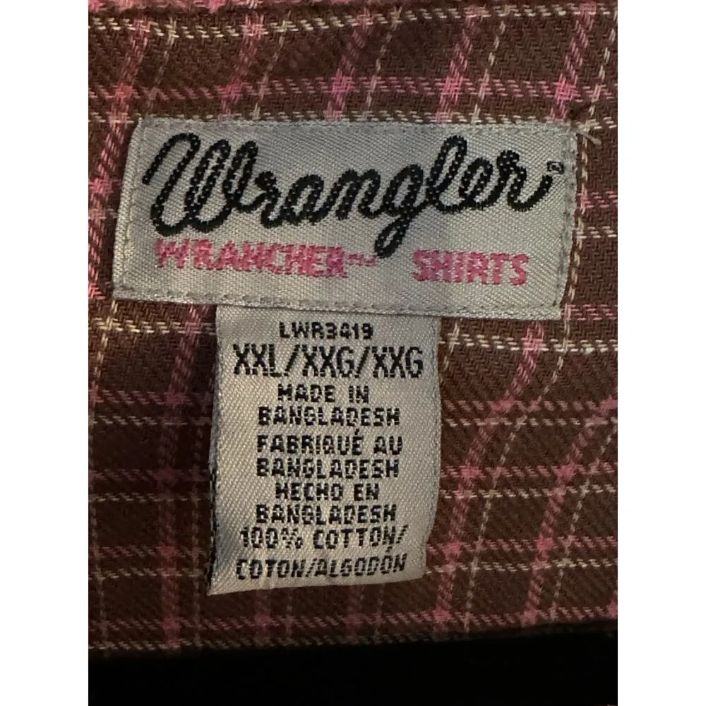 Wrancher Wrangler Shirt Womens XXL Pink/Brown Plaid Long Sleeve Pearl Snap NEW - Image 3