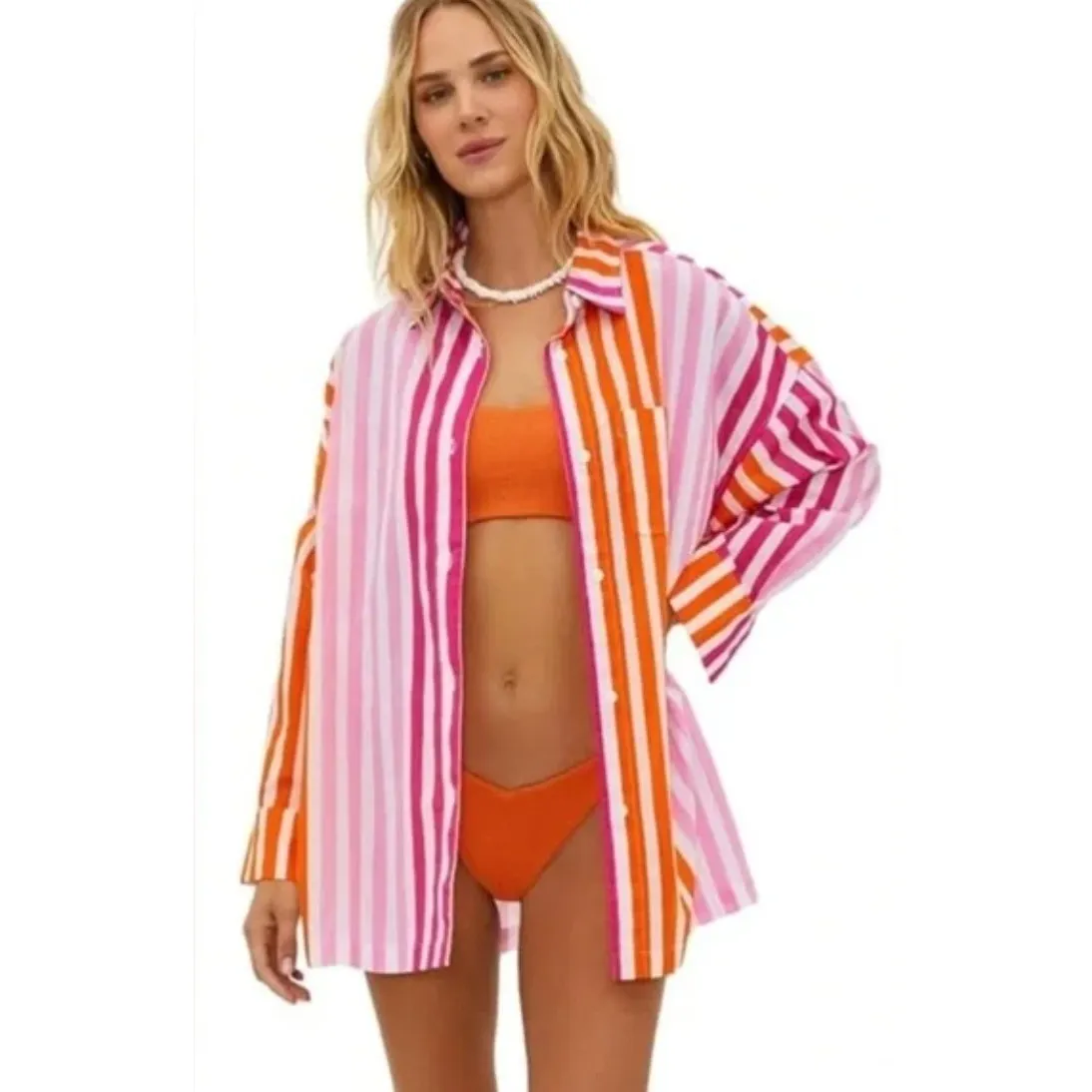 BEACH RIOT Shirt Womens Small Medium Pink Orange Alexa Stripe Button Down Swim - Image 3