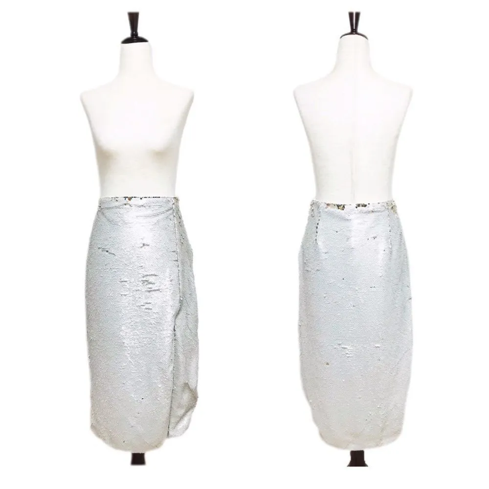 CHELSEA & VIOLET Silver Gold Full Sequin Midi Pencil Skirt Metallic‎ Size 8 10 - Image 2