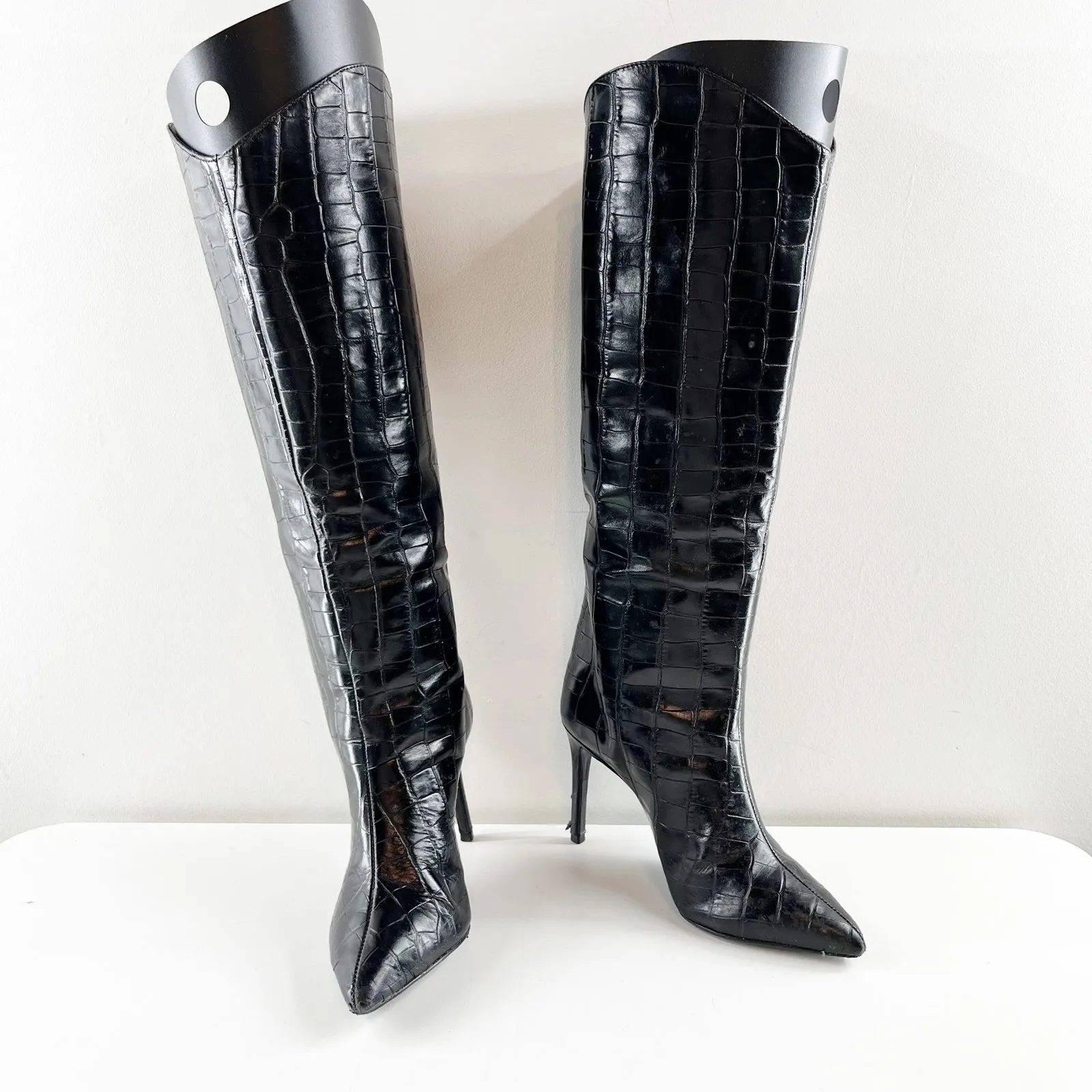 Shutz Maryana Knee High Croc Embossed Stiletto Heel Boots Black 6 - Image 10