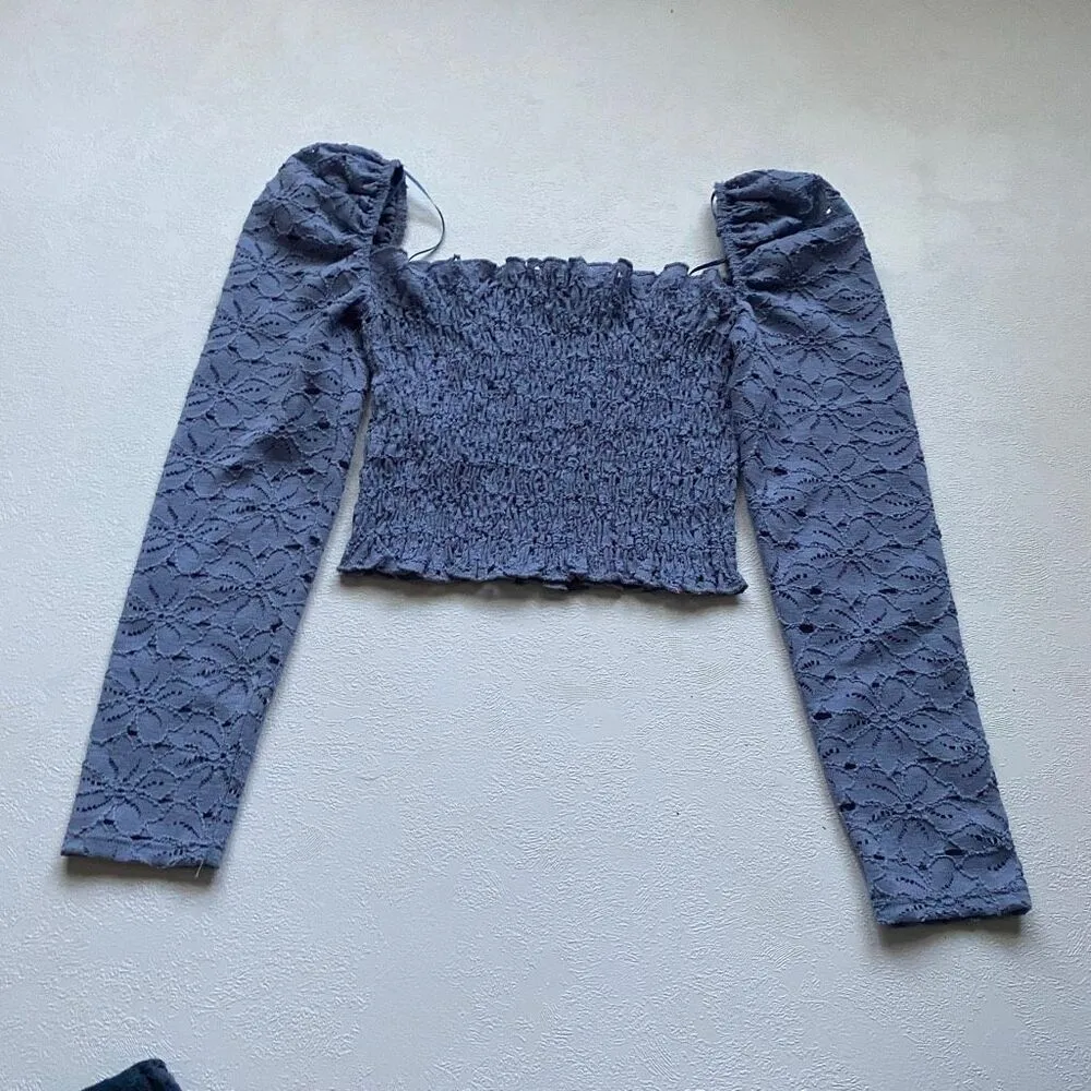 Topshop Lace Puff Sleeve Smocked Crop Top Blue Floral Mesh Size 0 - Image 2