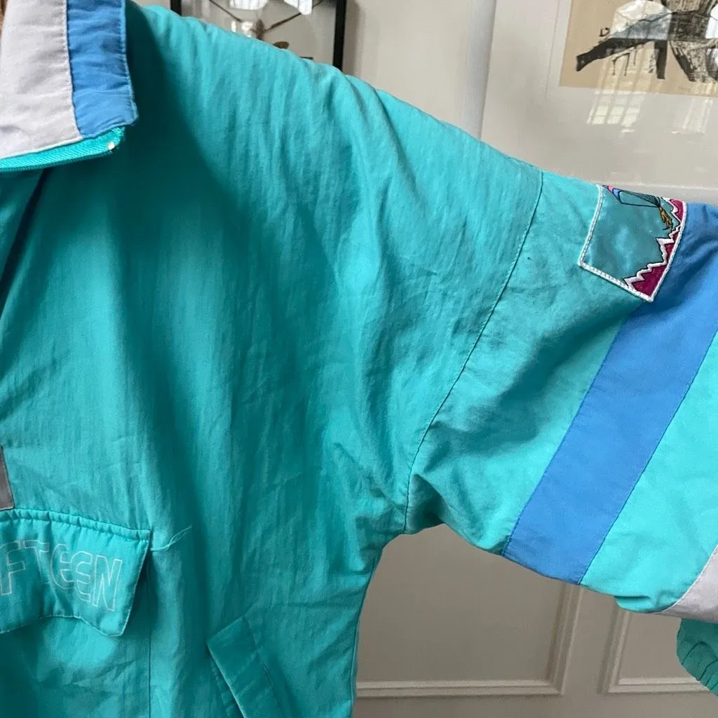 Vintage 90s C&A Club Fifteen Teal Blue Grey Puffy Half Zip Pullover XL Green - Image 8