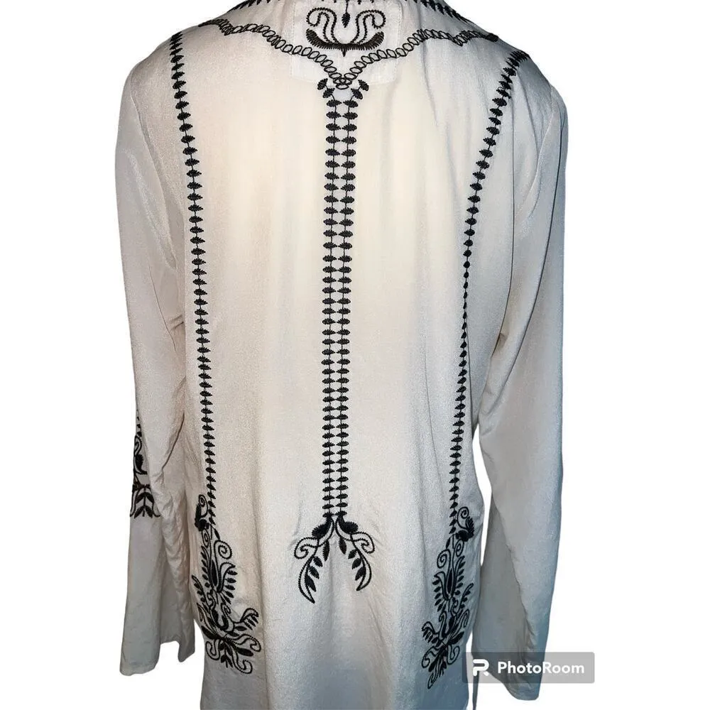 BIYA Johnny Was 100% Silk Cream Black Embroidered Tunic Top Boho Sheer Size S - Image 10