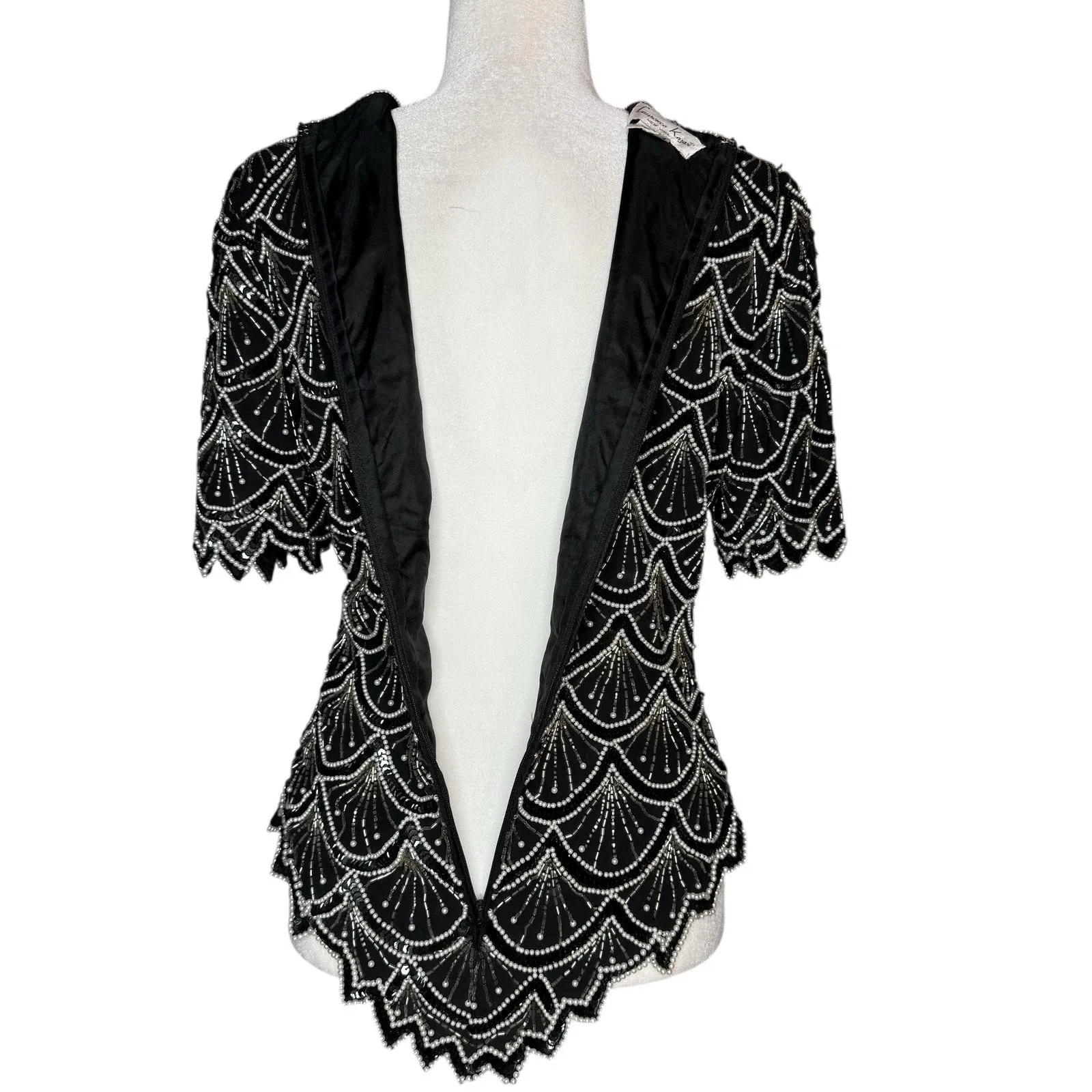 Vintage Lawrence Kazar M Beaded Sequin Evening Top Asymmetrical Art Deco Gatsby Black Size M - Image 5