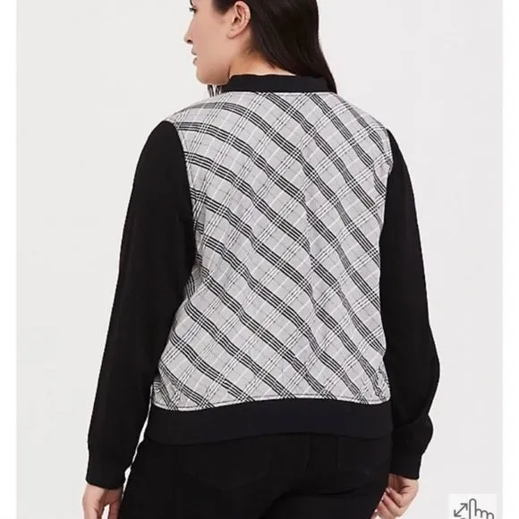 Torrid Black White & Pink Plaid Twill‎ Bomber Jacket - Image 3