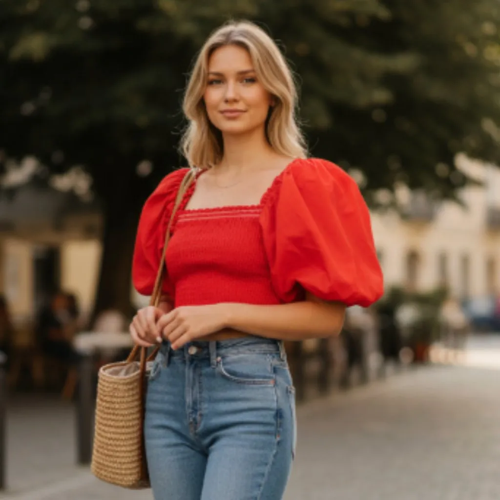 NWT ZARA PUFF SLEEVE CROP TOP RED BLOGGERS FAV SMOCKED - Image 2