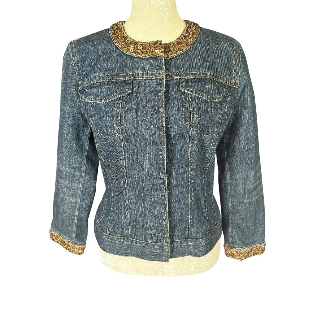 Elie Tahari 3/4 sleeve medium wash blue denim embellished jean jacket XS-S - Image 2