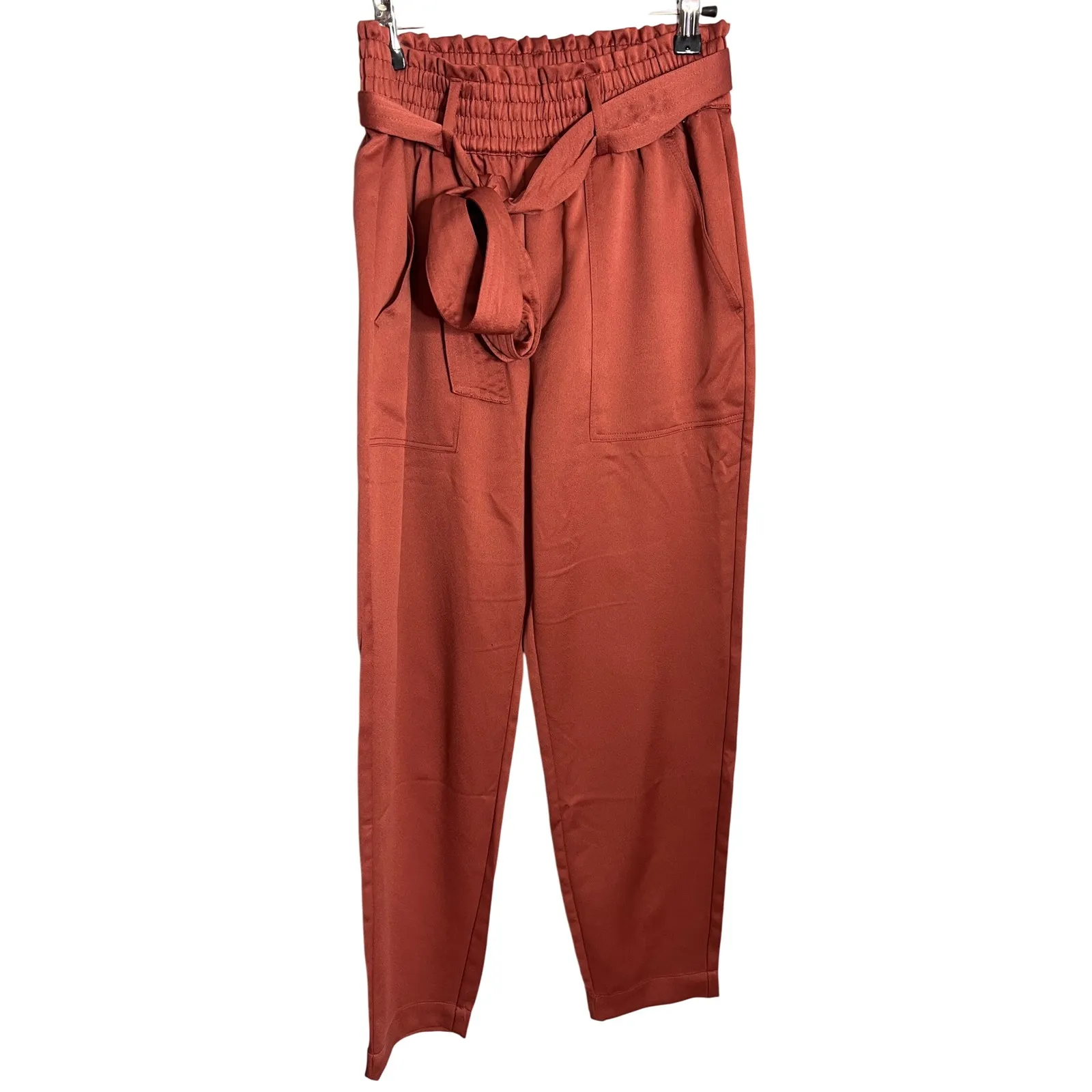 Abercrombie Terra Cotta Satin Jogger Pants Paperbag Waist Tie Belt Size Small - Image 2