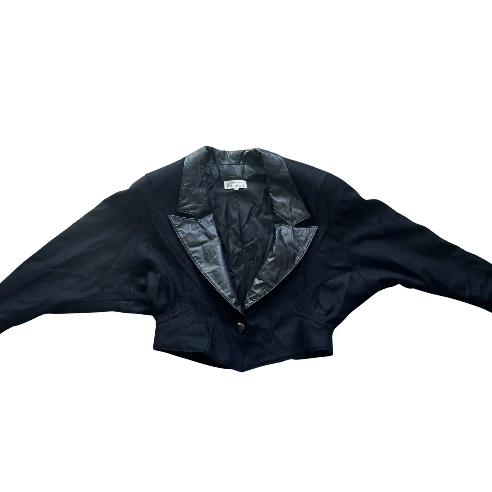 Vintage 80s Black Wool Short Coat Leather Trim Jacket size M Jonathan Stevens Size M - Image 3