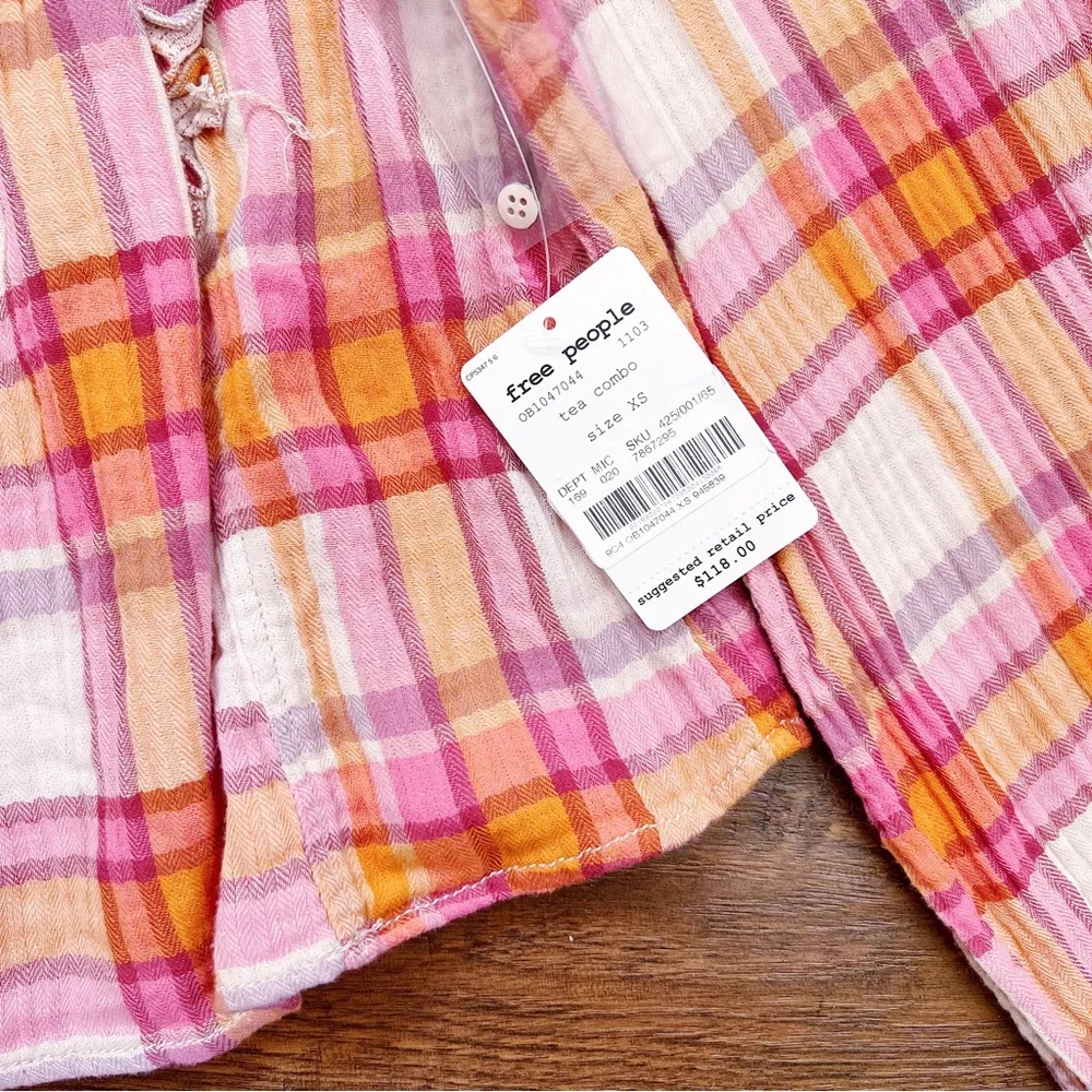 Free People • Siena Plaid Pullover top blouse orange pink smocked peasant - Image 7
