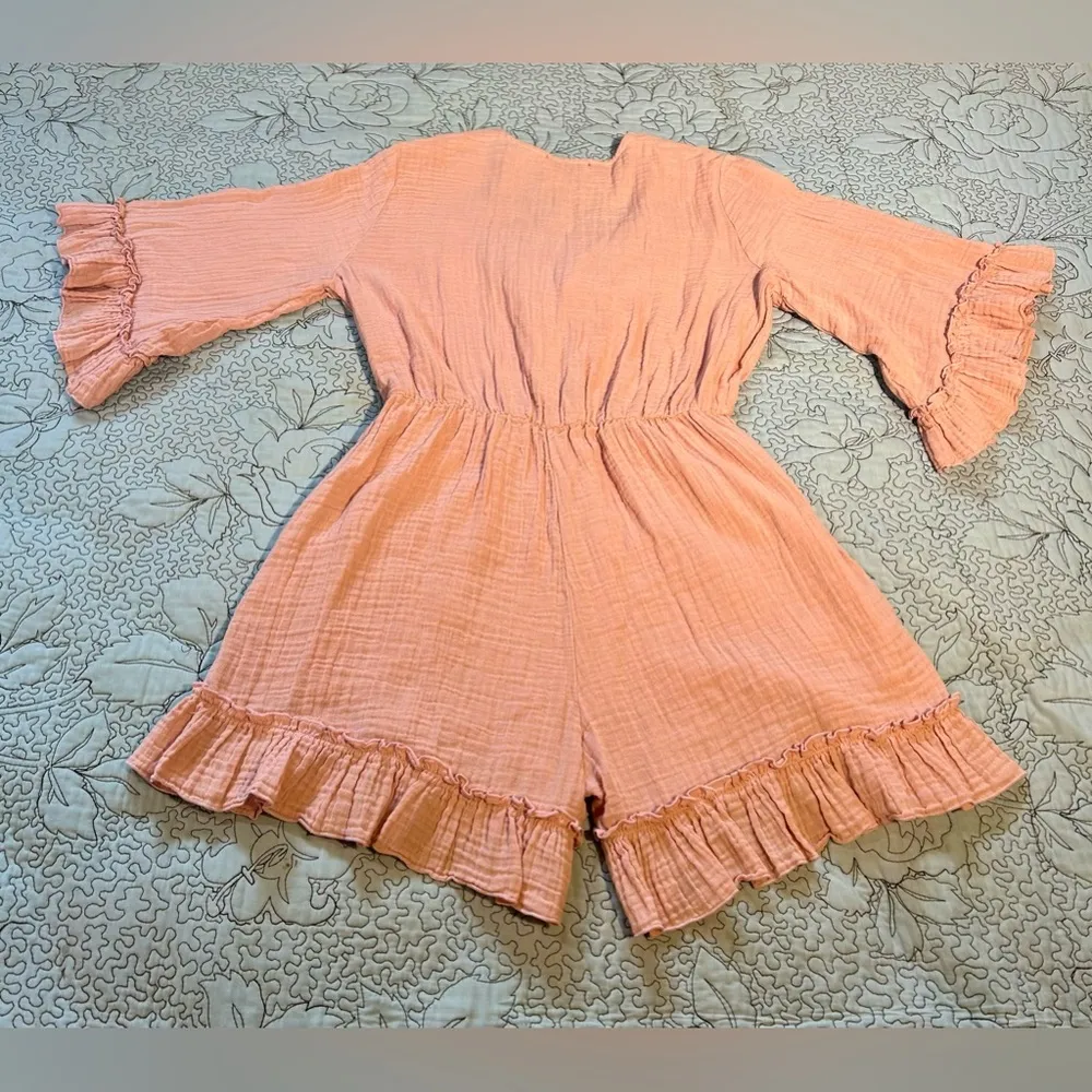 STARK X Hand in Pocket Front Tie Ruffle Cotton Gauze Romper w/ Pockets Sz M Size M - Image 6