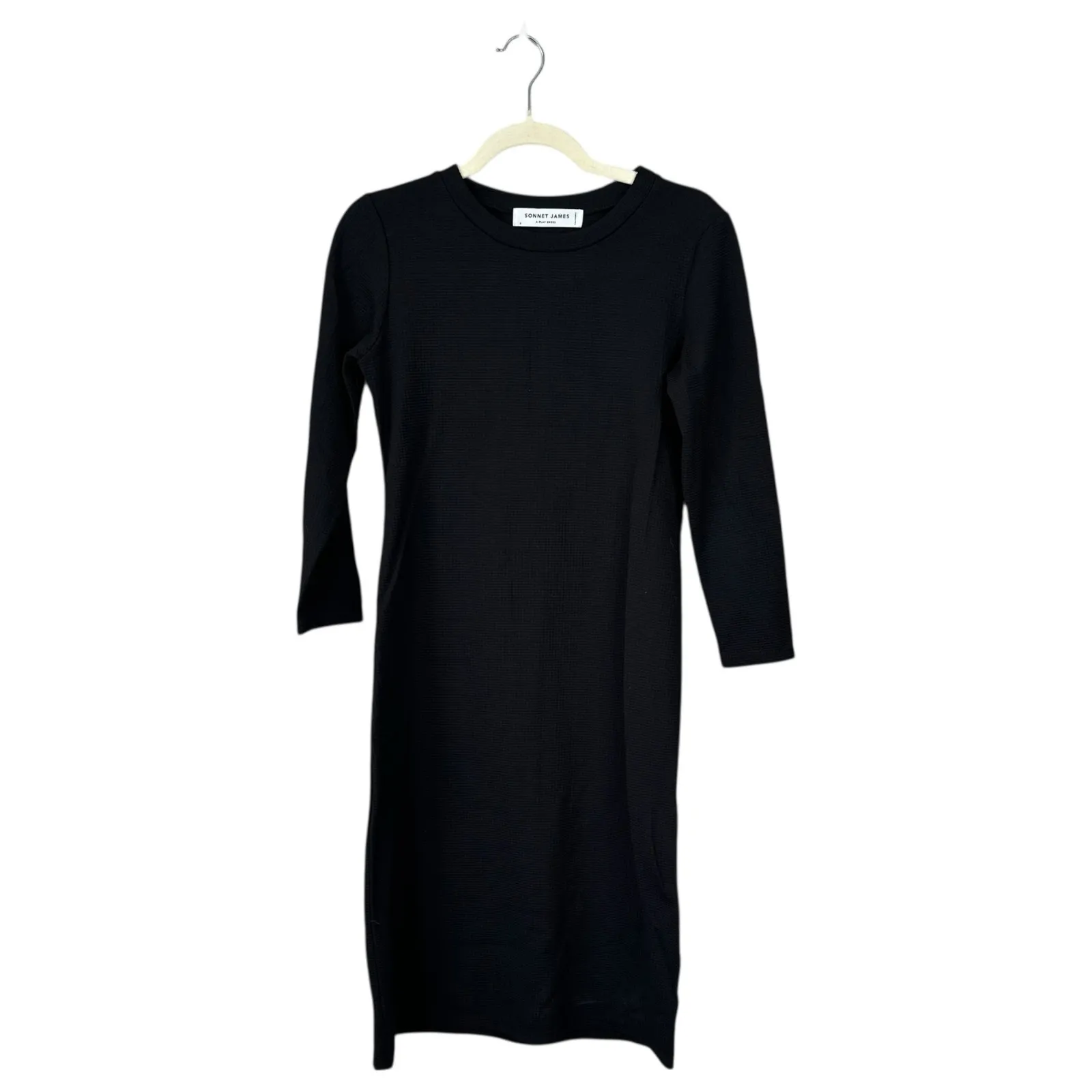 SONNET JAMES Reese Black Textured Dress Size Small Waffle Knit Midi Long Sleeves - Image 2