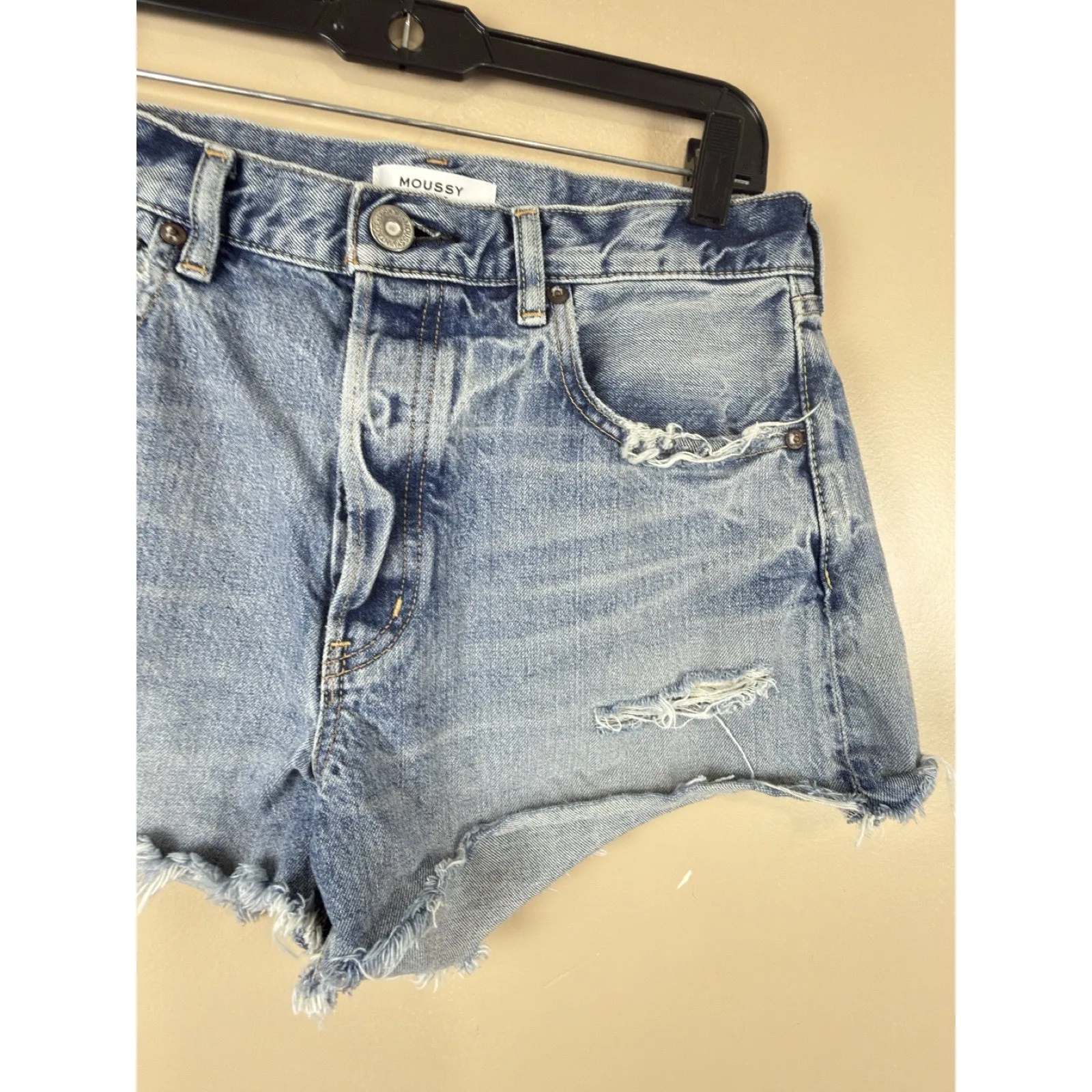 Moussy Vintage Medium Blue Distressed Ripped Jeans Size 28 Raw Hem Made in Japan - Image 3