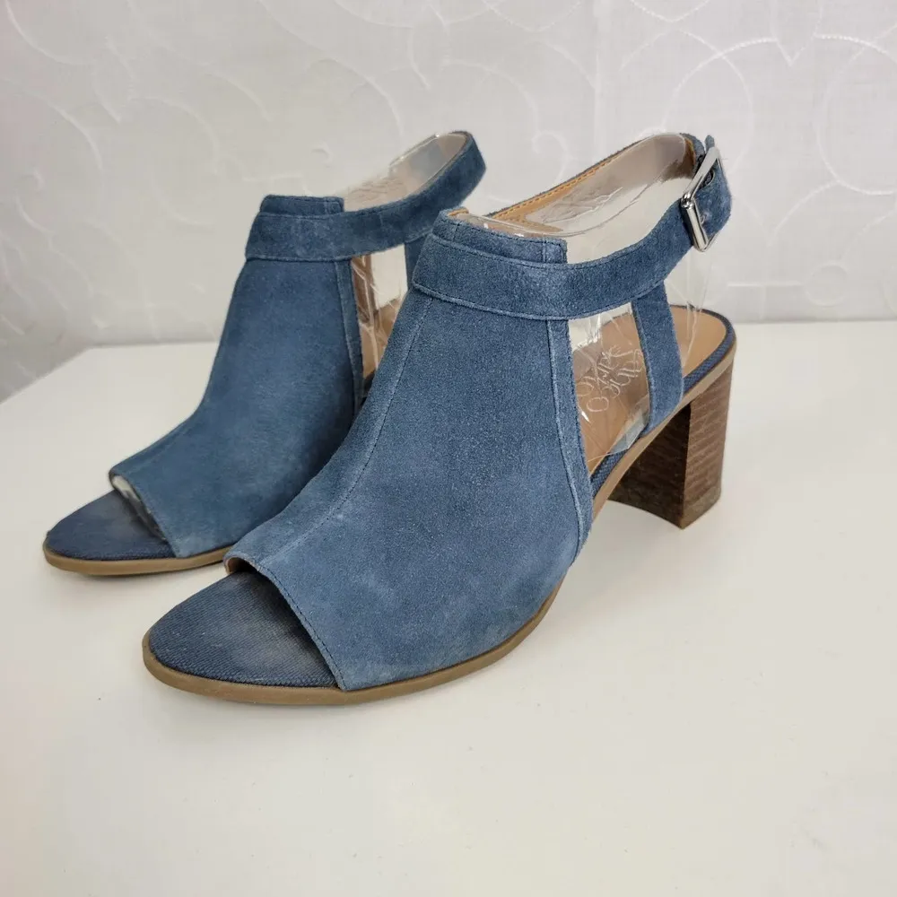 Franco Sarto Harlet Womens Sandals Sz 7.5 Blue Suede Leather Peep Toe Block Heel - Image 97