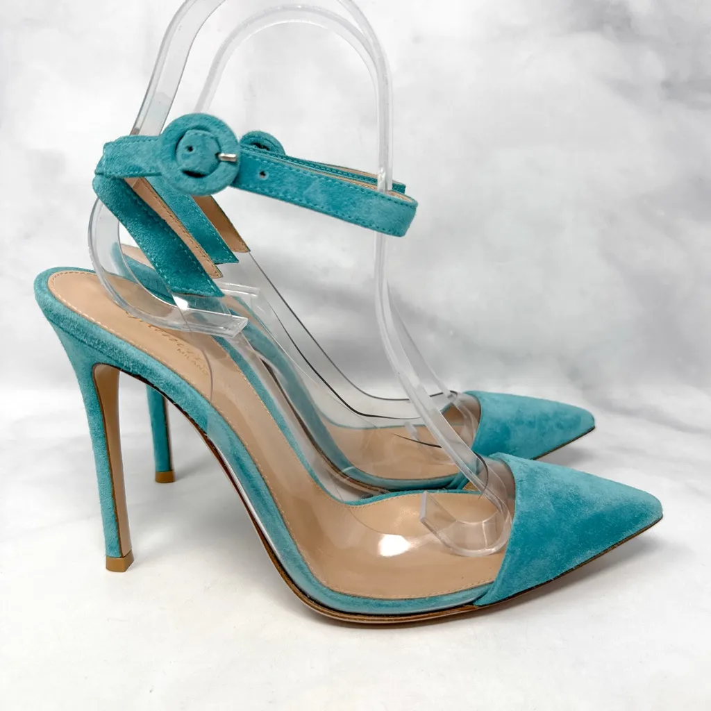 NEW Gianvito Rossi Suede Ankle Strap Clear PVC Pointed Toe Pumps Heels Teal 37 - Image 2