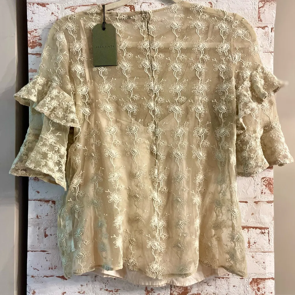 All Saints Cream Lace Blouse with Ruffle Sleeves - Image 2