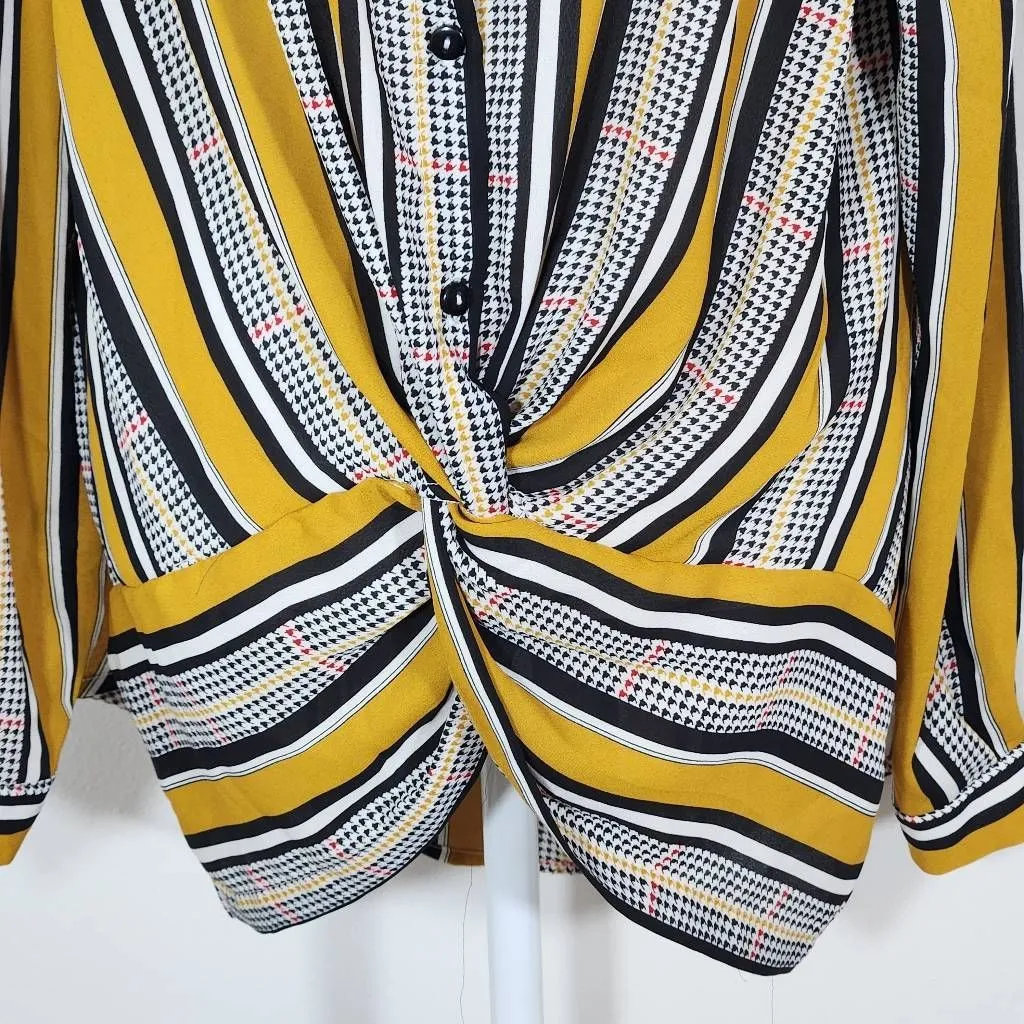 Haute Monde Mustard and Black Houndstooth Print Blouse Size Large Colorful Top - Image 3