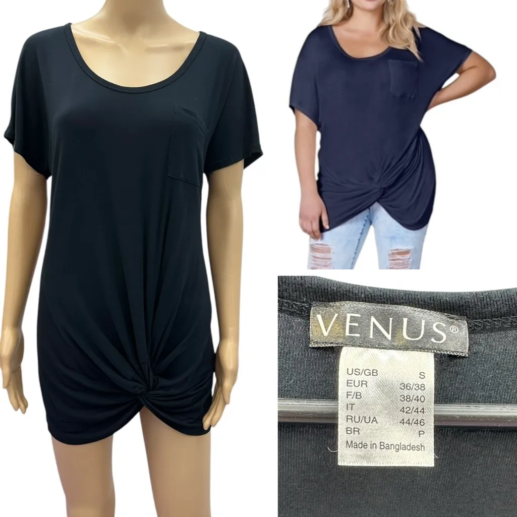 Venus Black Twisted Knot Front Short Sleeve Pocket Shirt Tunic Top Womens Small - Image 2