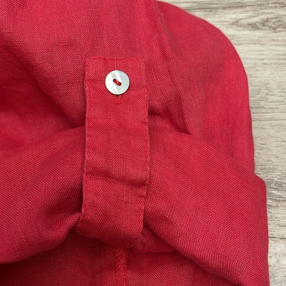 Pink 100% Linen Cuff Up Sleeves V-Neck Blouse Size Small - Image 8