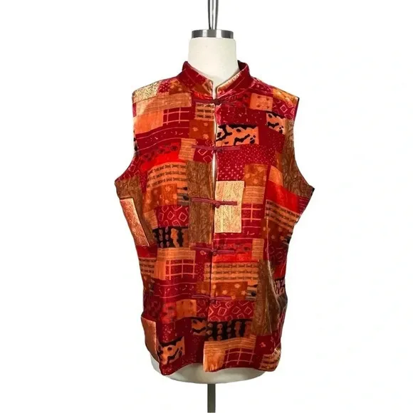 Vintage Quilted Mandarin Collar Vest Velvet Patchwork Silk Boho Women Size Large - Image 3