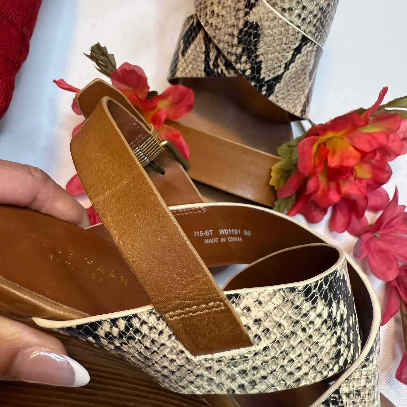 Cole Haan Penelope Sandals New Snake Print Leather Wedge‎ Tan Brown Shoes Size 9 - Image 11