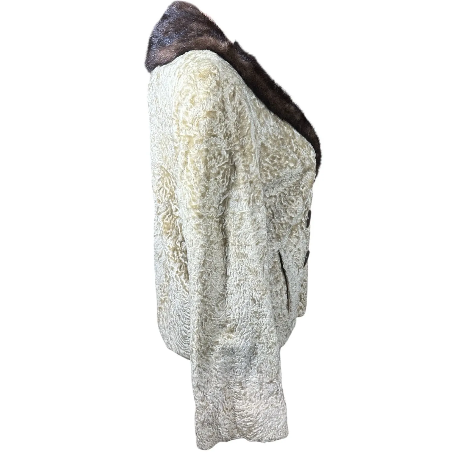 Vtg Persian Lamb Coat w/ Mink Collar Large Buttons Tan Brown 60s 70s Striplings Size M - Image 11