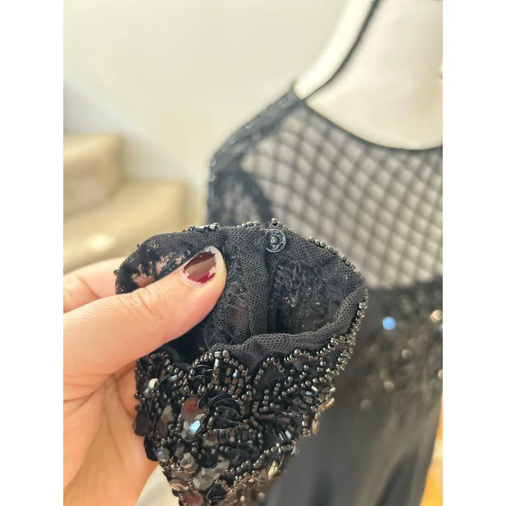 Vintage Jovani Black Silk Beaded Floral Illusion Full Length Maxi Gown - Image 5