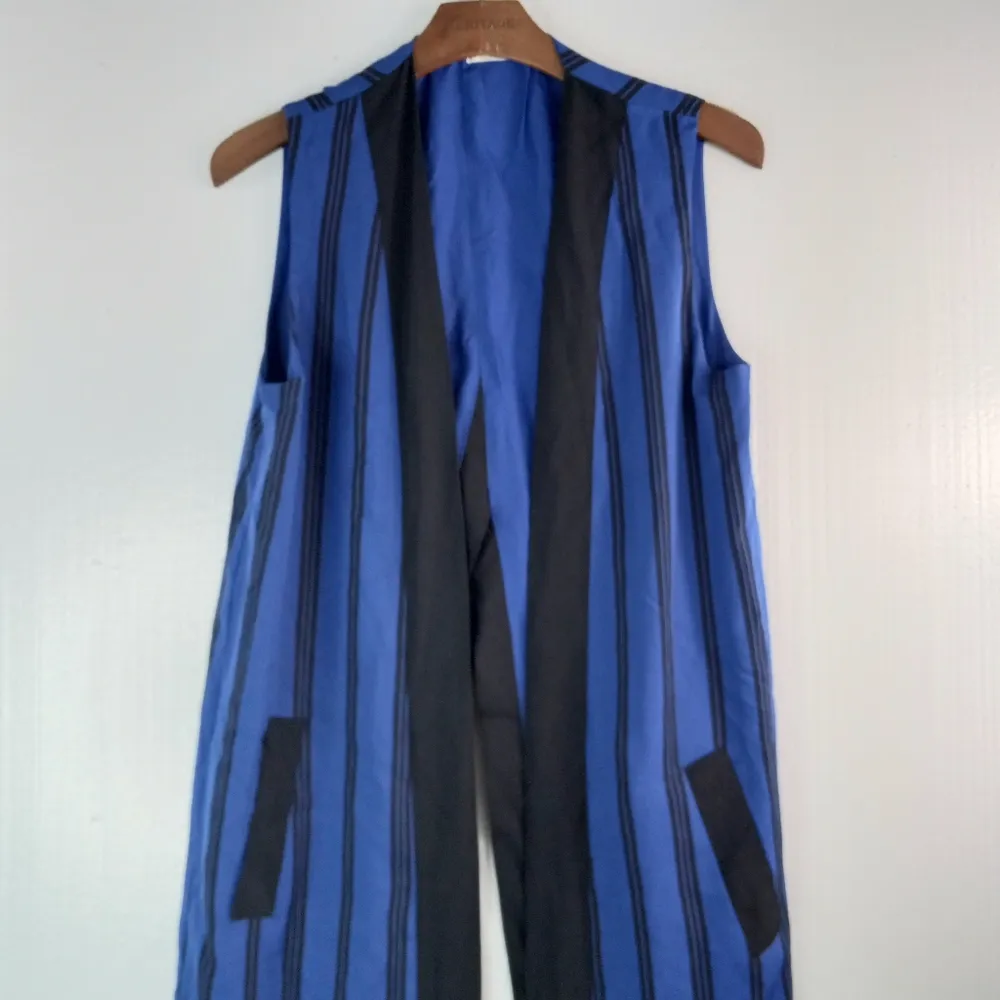 Free People Boho Pocketed Maxi Vest Striped in Black N Blue - Image 2