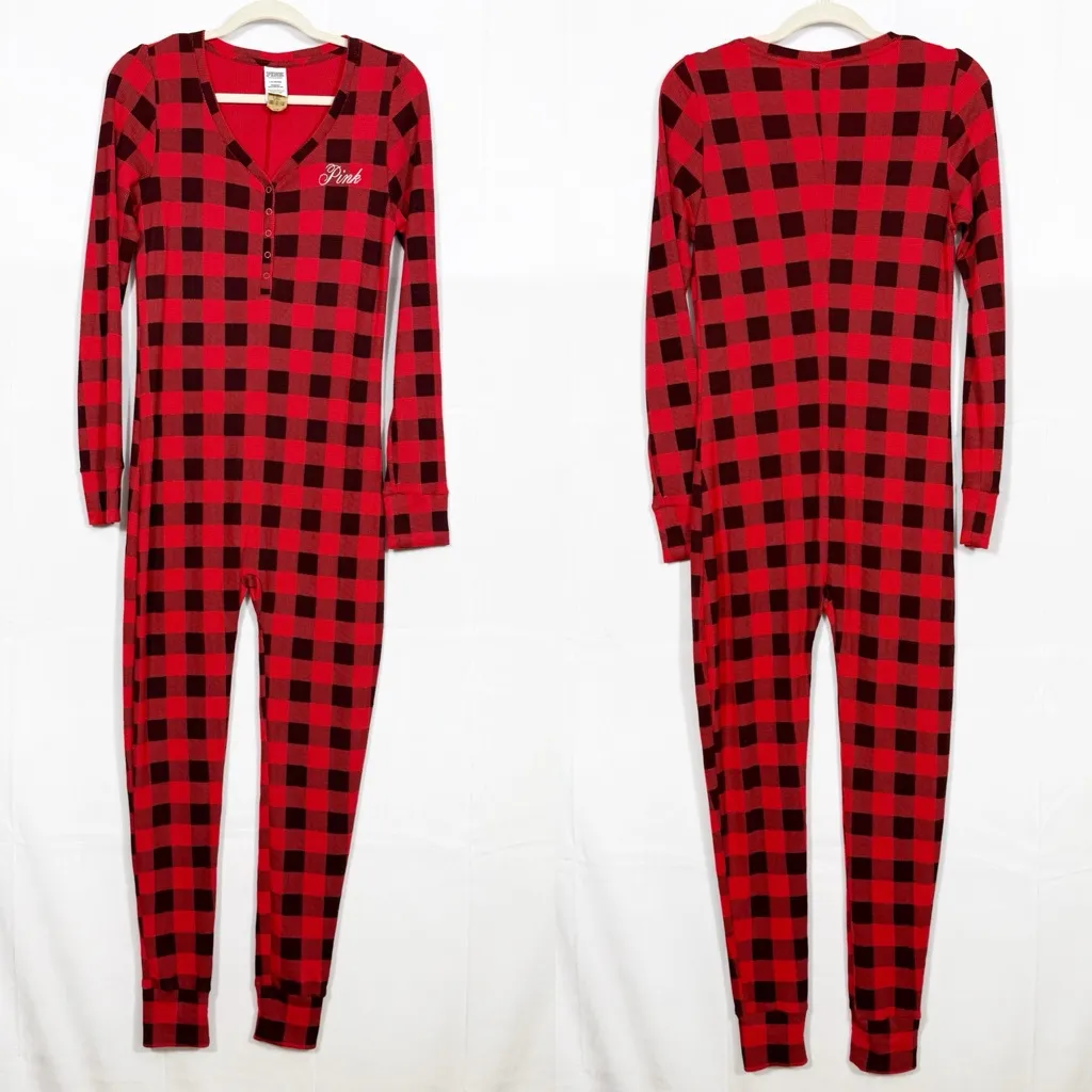 PINK Victoria’s Secret Thermal Sleep Onesie Buffalo Check Plaid Red Black - Image 3