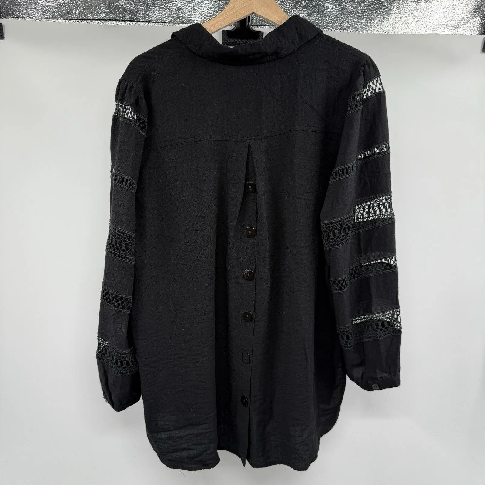 John Mark Women Button Up Shirt Tunic Size L Black Artsy Crochet Witchy Boho Size L - Image 7