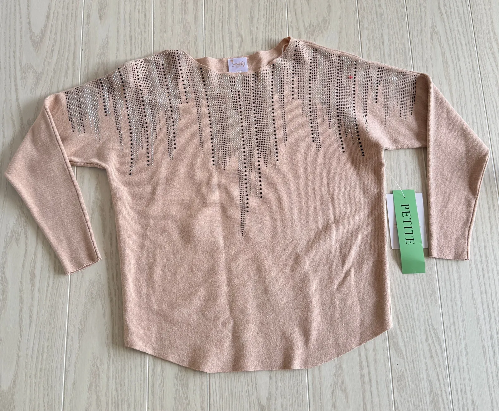 Sirenlily Petite Medium Beige Long Sleeve Rhinestone Jewel Neck Sweater Tan Size undefined - Image 1