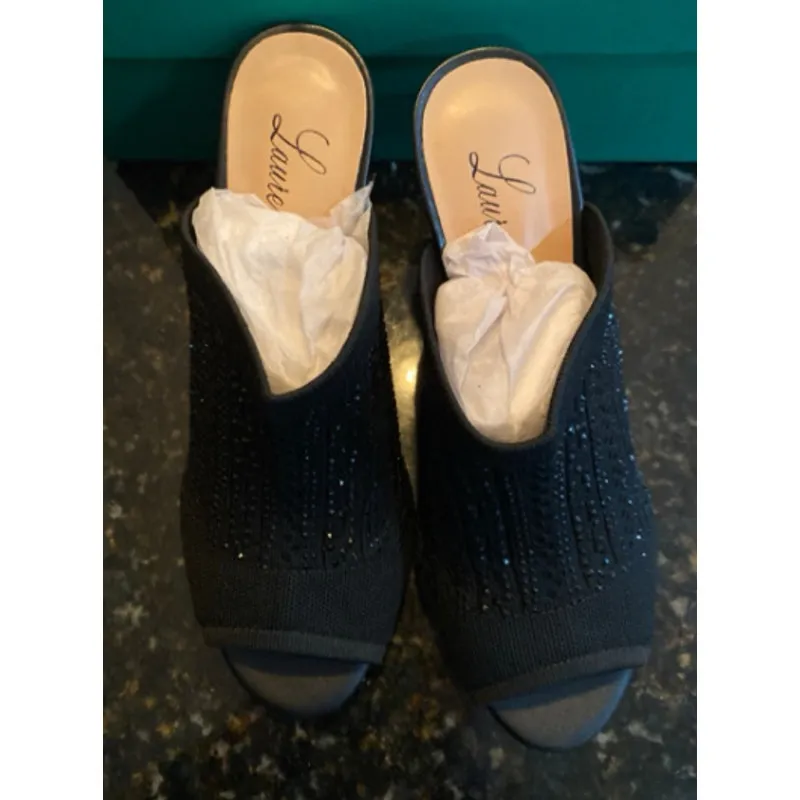 Brand New Lauren Lorraine Womens Size 7 Martha Black Rhinestone wedge slides - Image 3