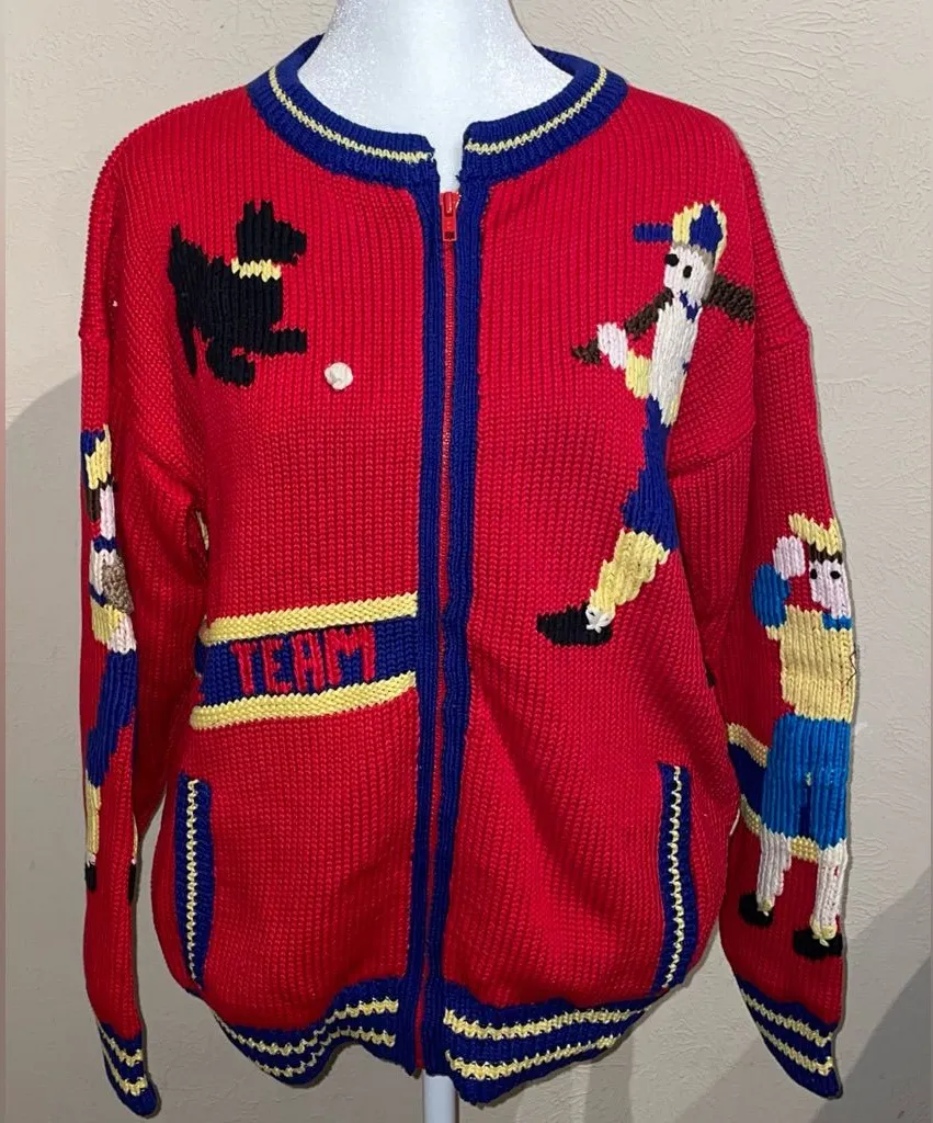 Traditional Trading Co Women’s Size M Red Baseball Zip Up Sweater Team Hand Knit Size M - Image 1